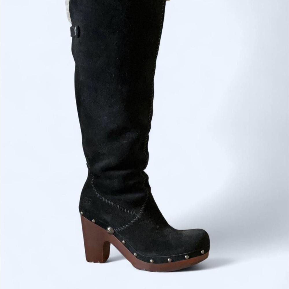 UGG Black Heeled Boots with Wooden Platform